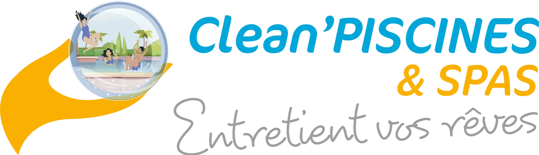 Logo de Clean Piscines & SPAS, montrant une loupe agrandissant des personnes nageant dans une piscine, avec le slogan 'Entretient vos rêves' et le nom de l'entreprise en bleu et jaune.